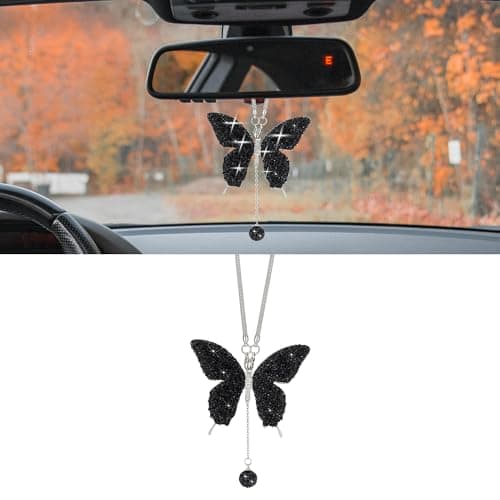 Couslcd Bling Butterfly Diamond Car Accessories Crystal Car Rear View Mirror Charms for Women Car Decoration Lucky Hanging Interior Crystal Ornament Pendant Decor for All Cars Black
