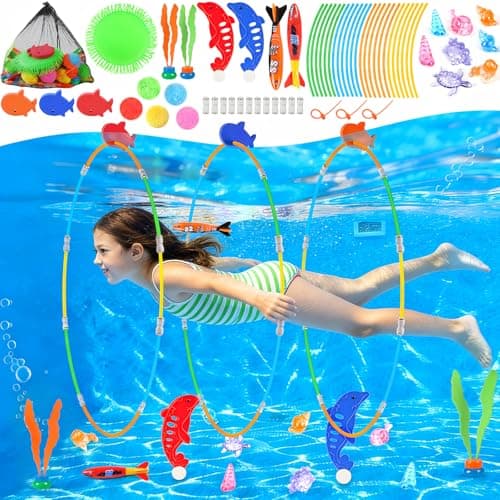 EULRGAUS Pool Toys 34PCS Swim Thru Rings Pool Games Diving Toys with Diving Rings Underwater Treasures Diving Gems Water Toys with Splash Balls Water Frisbee Swim Toys for Kids Boys and Girls