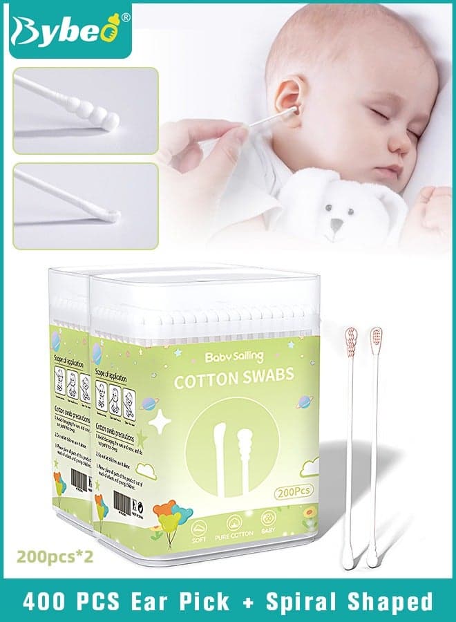 400PCS Baby Cotton Swabs, Double-headed Ear Spoon, Baby Cotton Buds, Baby Cotton Safe Swabs for Delicate Baby Ear Nose, 100% Pure Organic Cotton,100% Biodegradable Chlorine Free & Hypoallergenic