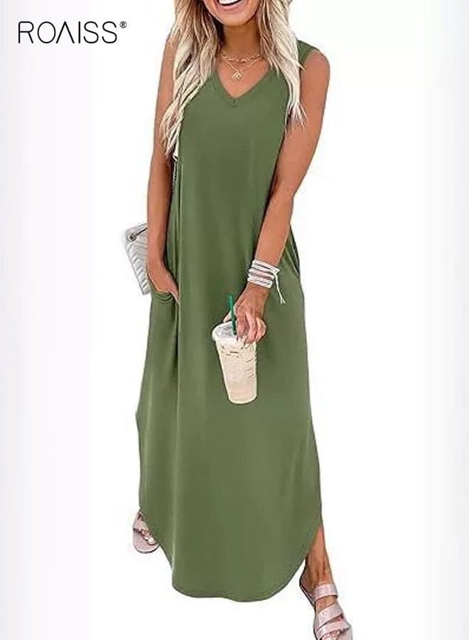 Women's V-Neck Sleeveless Pullover Mid-Waist Summer Dress Comfortable and Breathable Extra-Long Dress Vacation Beach Vest Dress with Pockets Casual Dress Green