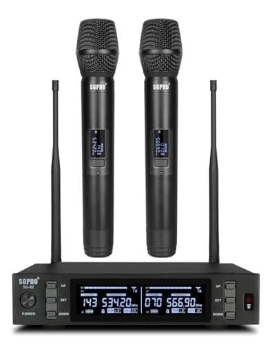 SGPRO Dual Wireless Microphone System Metal Handheld Mics Receiver Adjustable UHF Channels 520590 MHz Range Antenna Diversity Ideal for Professional Audio and Events