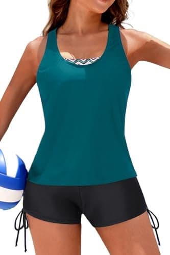 Yonique 3 Piece Womens Tankini Swimsuits with Shorts Athletic Bathing Suits Tank Tops with Bra and Boyshorts Blue Green Geometric L