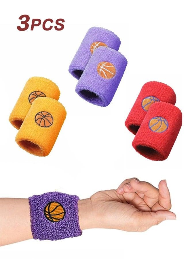 Sports Wristbands for Kids, Colorful Wrist Sweatbands Cotton Terry Cloth with 3 Basketball Design School Students Teacher Party Birthday Favors (3 Colors 6 Pcs)