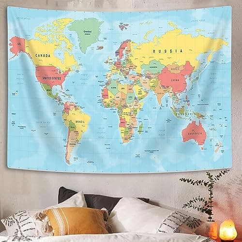 VeiVian World Map Tapestry, Asia Europe South City Topography America Africa Japan Poster Tapestries, Educational Kids Student Map of World Tapestry for Bedroom Living Room Home Office, 60X40in
