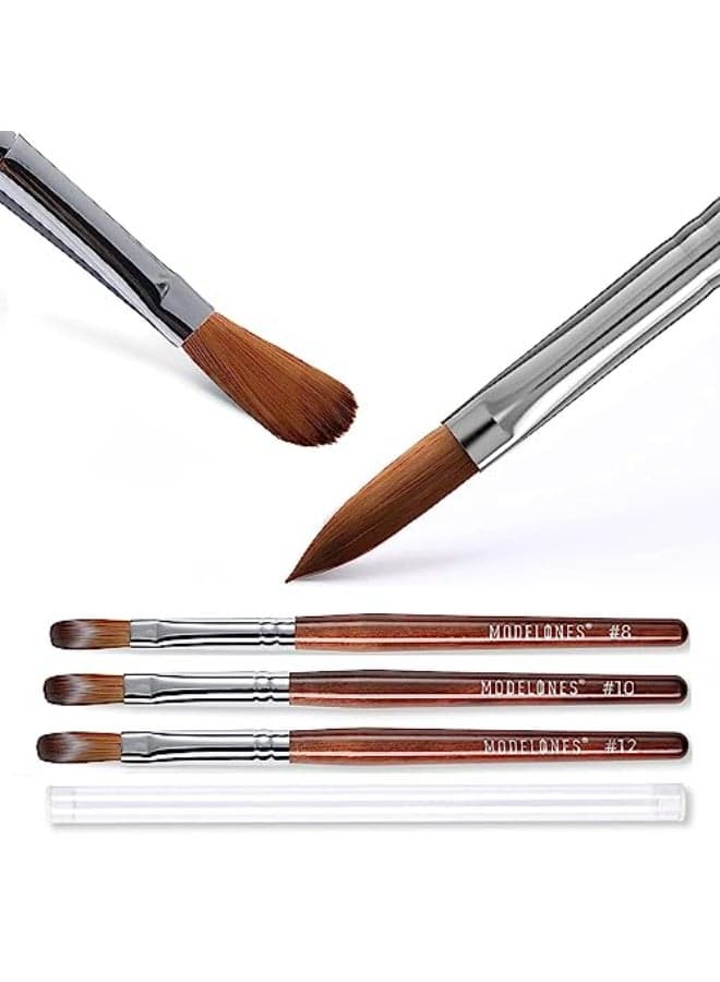 Modelones Kolinsky Acrylic Nail Brush Set Size 81012 Round Shaped Nail Brushes for Acrylic Powder Gel Polish Extension Gel 3D Carving Detailing Design with Wooden Handle Salon DIY Use