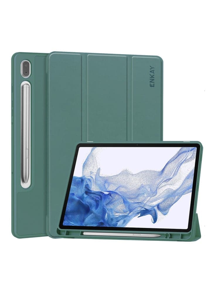 For Samsung Galaxy Tab S9 Tri-fold Stand Tablet Case PU Leather+TPU Smart Cover with Pencil Holder - Blackish Green