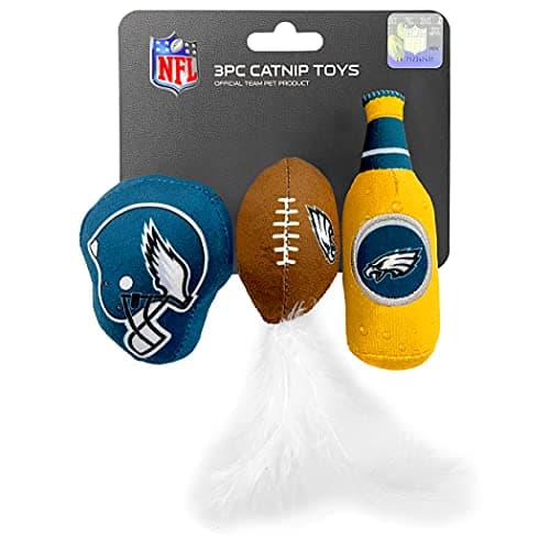 BEST PLUSH CAT TOY NFL PHILADELPHIA EAGLES Complete Set of 3 piece Cat Toys filled with Fresh Catnip. Includes: 1 Helmet Cat Toy, 1 Football Cat Toy with Feathers & 1 Beer Bottle. Beautiful Team LOGOS