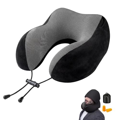 Halohop Hooded Neck Pillow for Travel, Upgraded 100% Pure Memory Foam Travel Pillow for Flights, Comfortable Neck Support Pillow for Neck Pain, Machine Washable Neck Rest Pillows