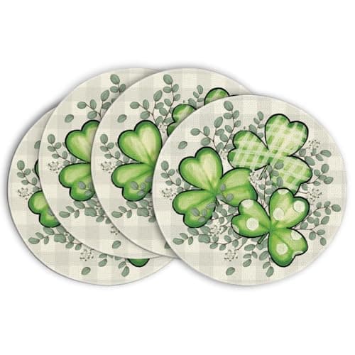 Artoid Mode Buffalo Plaid Shamrock Eucalyptus Round St. Patrick's Day Placemats Set of 4, 14 Inch Spring Round Table Mats for Dining Decoration