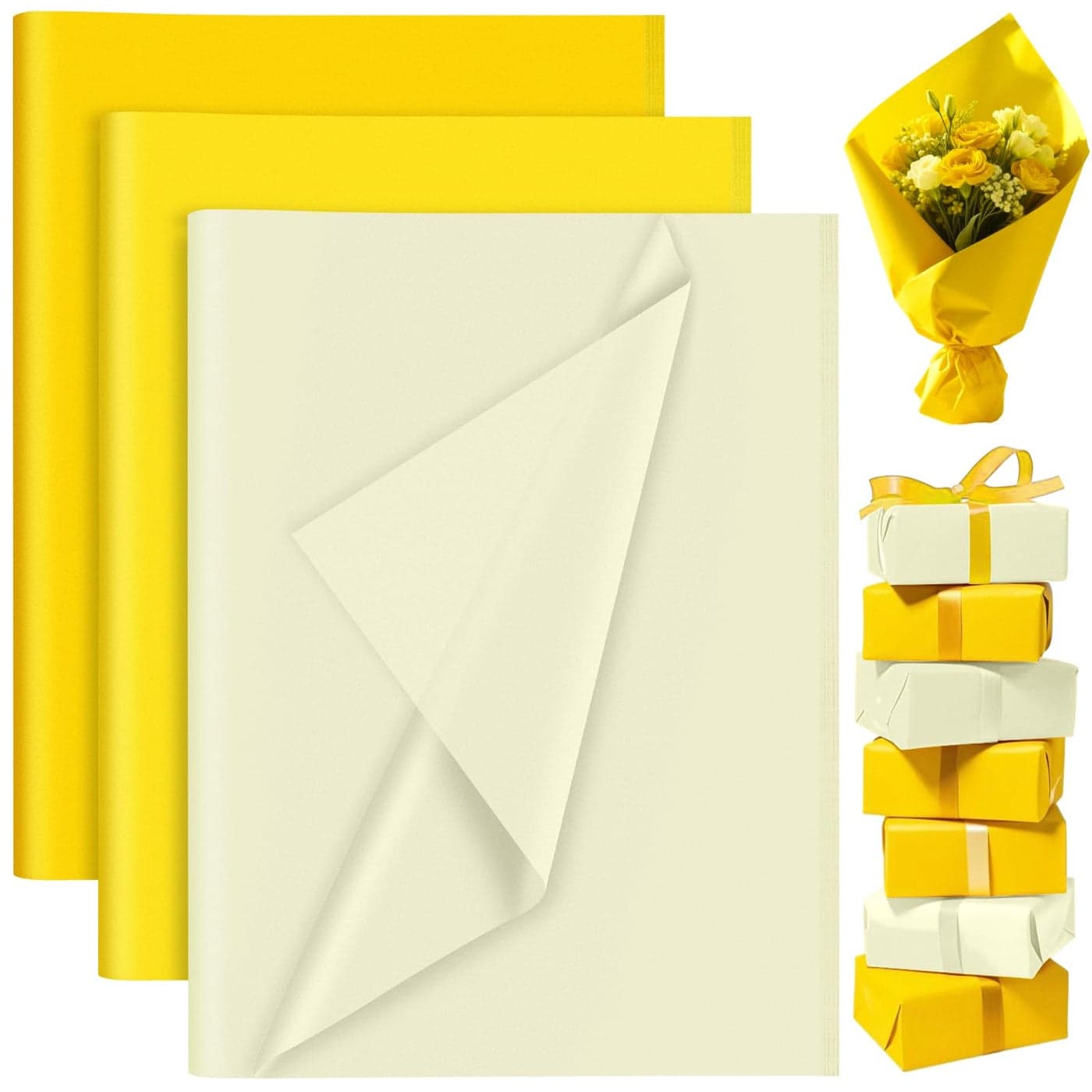 PLULON 60 Sheets Yellow Tissue Paper Bulk for Gift Bags Packaging Birthday Gift Wrapping Paper Easter Wedding Holiday Flower Sunflower Birthday Party Decorations