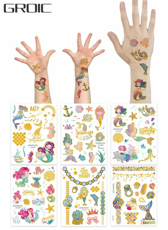 Mermaid Temporary Tattoos Glitter Styles, Waterproof Shine Metallic Mermaid Fake Tattoo Body Decoration DIY Crafts for Kids Girls 6 Sheets Birthday Party Favor Supplies