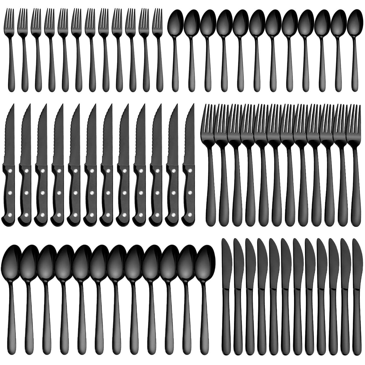 Pleafind 72Pieces Black Silverware Sets for 12 Flatware Set with Steak Knives Stainless Steel Cutlery Set Include Forks Spoons and Knives Set Dishwasher Safe Utensil Sets for Home Restaurant