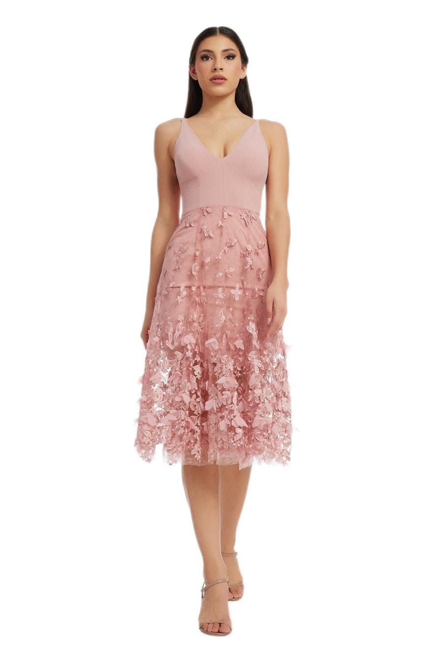 Dress the Population Womens Darleen Sleeveless Plunging Neckline FIT and Flare MIDI Dress Blush XXSmall