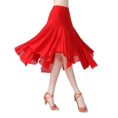 Ballroom Dance Skirts for Women Ballroom Dancing Irregular Long Swing Waltz Latin Salsa Belly Dance Skirts Tango Cha Cha Practice Skirt Flamenco Dress Costume for Performance Red One Size