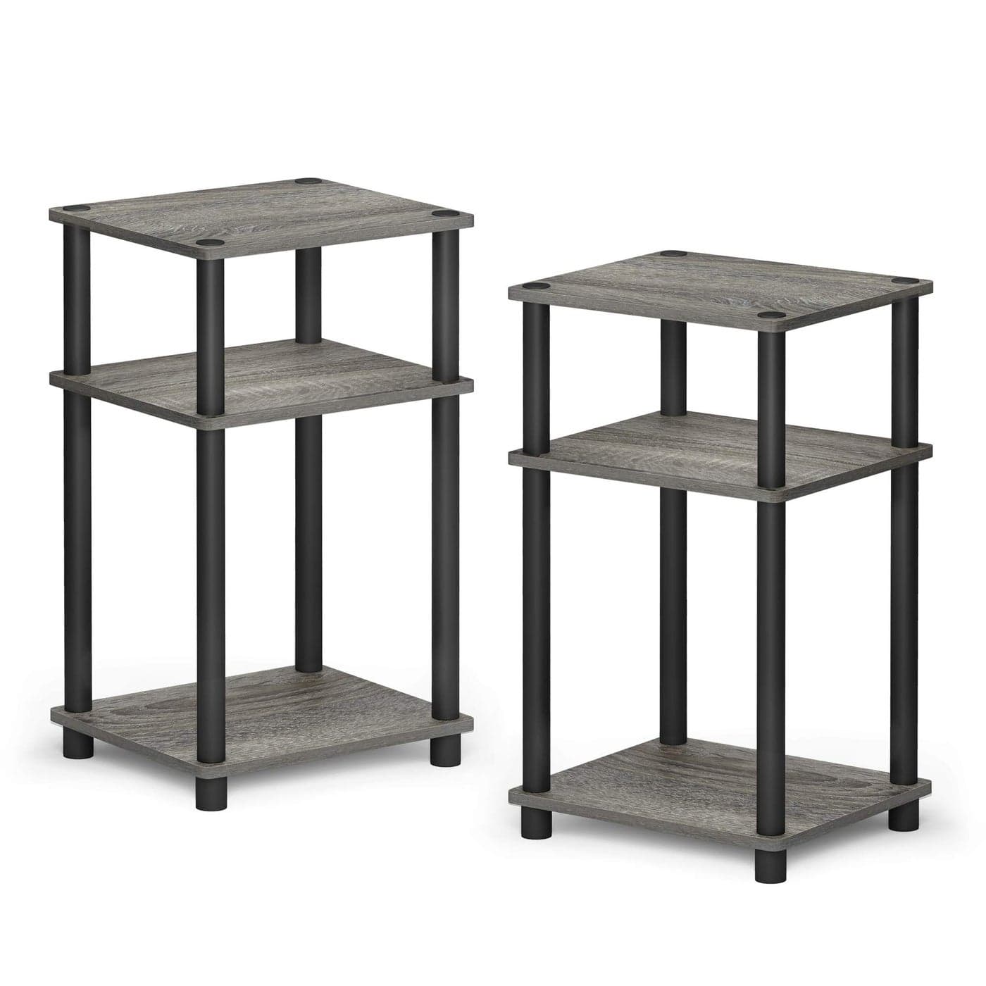 Furinno Just 3Tier TurnNTube End Table Side Table Night Stand Bedside Table with Plastic Poles 2Pack French Oak GreyBlack