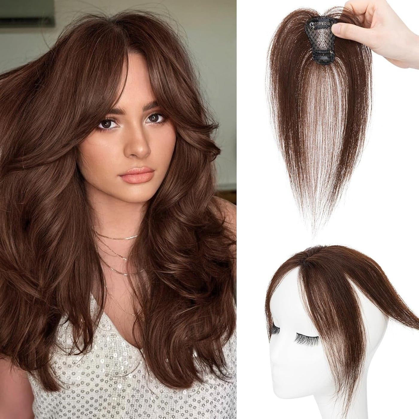 Snoilite Bangs Hair Clip 360 3D Cover Clip in Bangs Real Human Hair 100 Human Hair Toppers With Bangs Hair pieces Clip on Bangs for Women Daily Wear Dark BrownSide Bangs