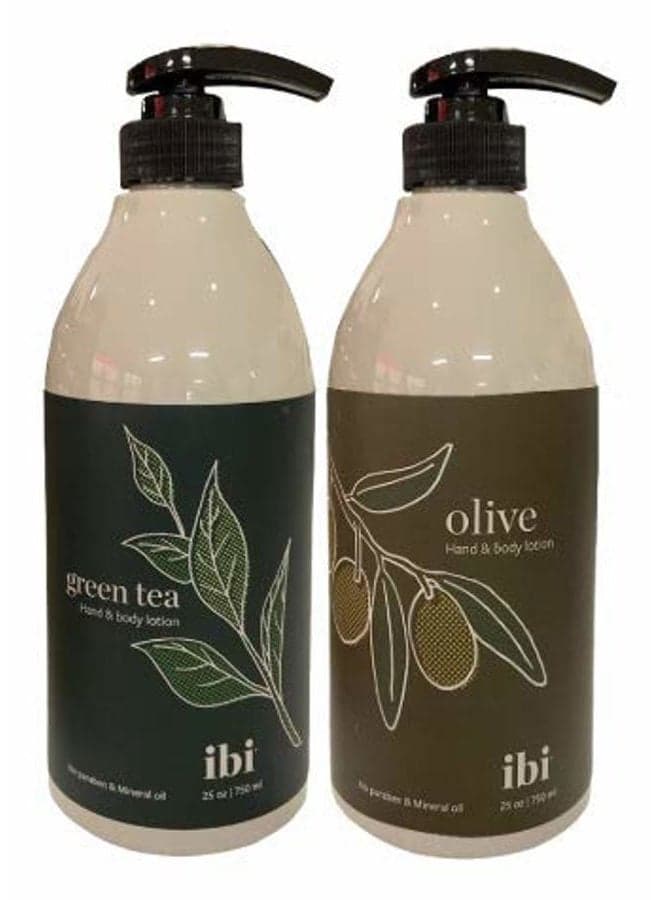 Hand & Body Lotion Set | Includes 1 IBI Refreshing Green Tea Hand & Body Lotion (750mL) & 1 IBI Olive Hand & Body Lotion (750mL)
