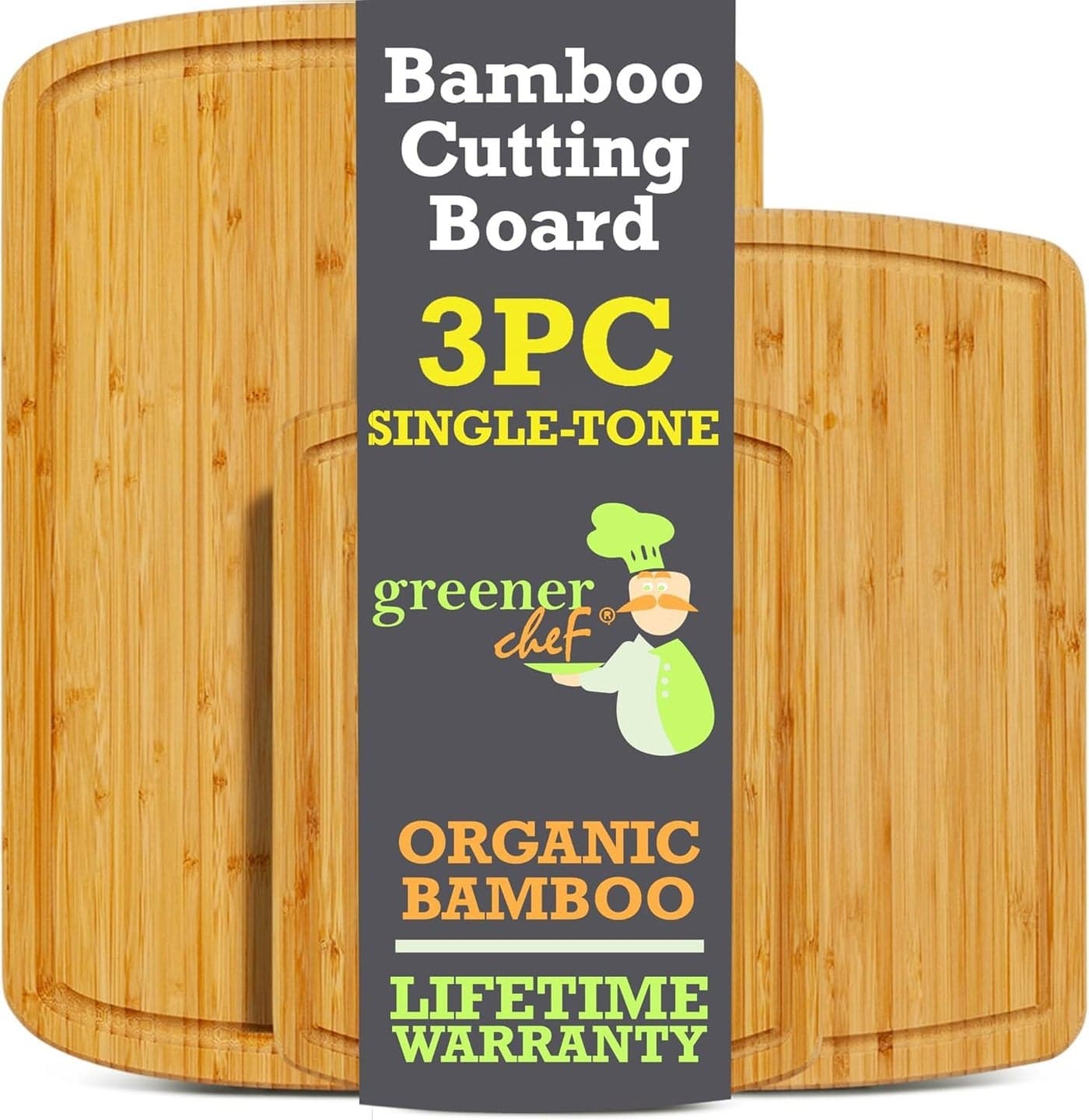 GREENER CHEF Organic Bamboo Cutting Board Set of 3 with Lifetime Replacements 62 More Cutting Area Single Tone Wood Chopping Boards with Juice Groove for Meat Vegetables and Cheese