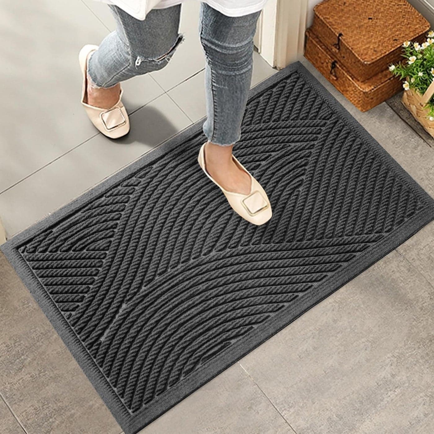 HIYARD Sturdy Front Door Mat Absorbent Muddy Dirt Resist Welcome Door Mats Outdoor Indoor Stain and Fade Resistant NonSlip Backing Entry Mat Low Profile Doormat for Entryway 2917 Grey
