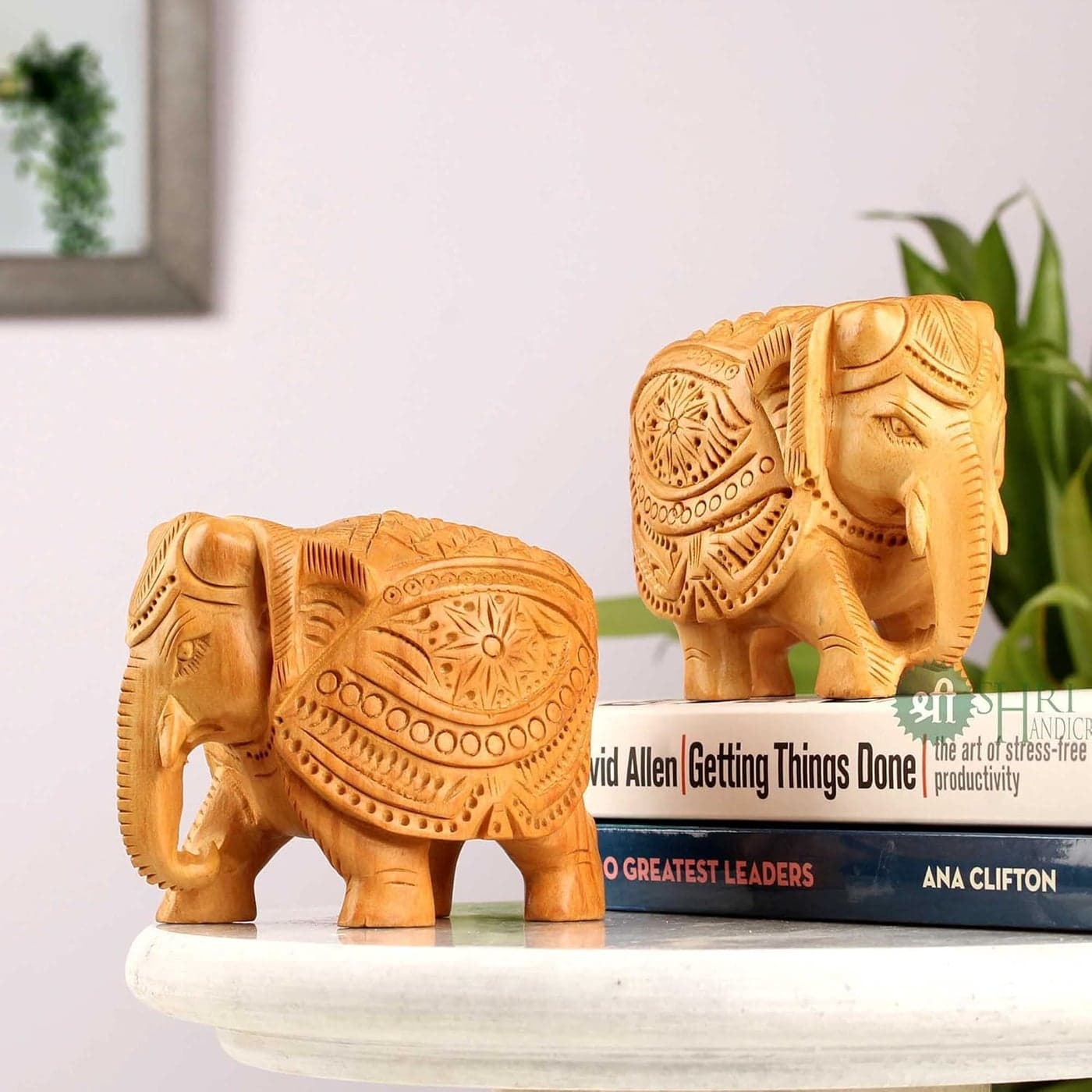 INDICAST 3 Wood Elephant Pair Down Trunk Statue Carving Figurine Showpiece Gifts for Home Decor Living Room and OfficeSet of 2 Brown