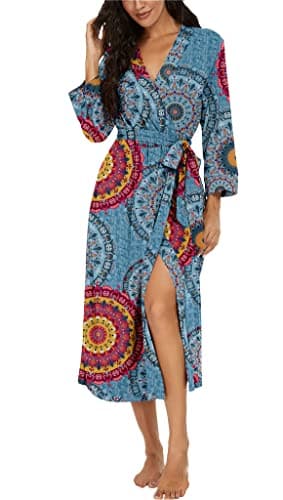 VINTATRE Women Kimono Robes Long Knit Bathrobe Lightweight Soft Knit Sleepwear V-neck Casual Ladies Loungewear FP-Mix Blue-Small