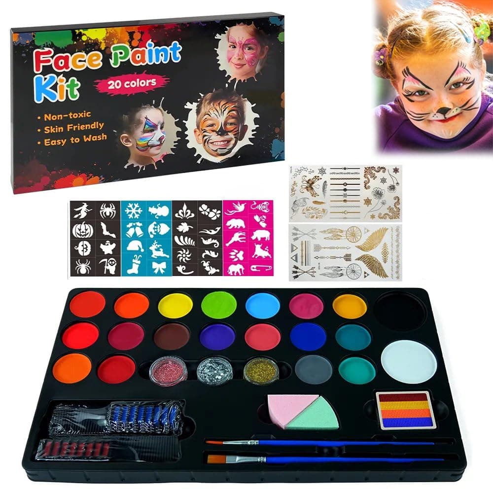 MULZI Face and Body Paint Kit for Kids 20 Water Based NonToxic Oil Palette Ideal for Halloween Makeup Parties Includes 2 Hair Chalk Combs 32 Stencils 3 Glitters 2 Paint Brushes