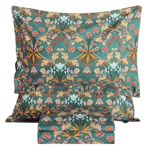 Lady Ann 100% Cotton Floral King Size Sheets Set Deep Pocket, Vibrant Paisley Flowers Printed on Green Pattern Bedding Sheets for King Size Bed Botanical Bed Sheets