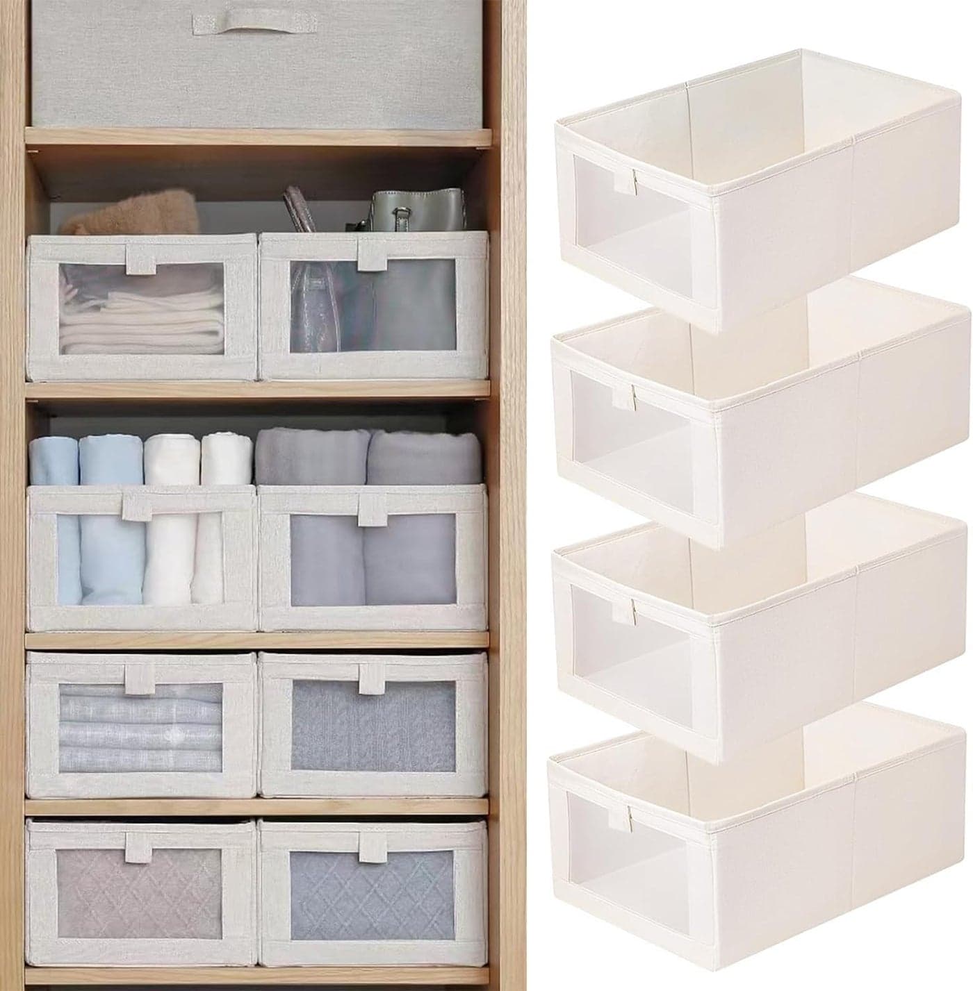 Zollyss Linen Storage & Clothes Organizer Bins | 4 Pack | Containes for Jeans, Toys, Books, Shelves, Closet, Wardrobe | Easy Cloth Organizer for Storage