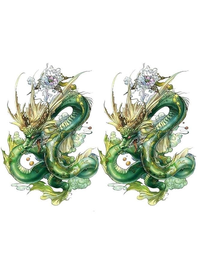 2 Sheets Arm Thigh Waterproof Fake Temporary Tattoos Sticker Green Chinese Dragon