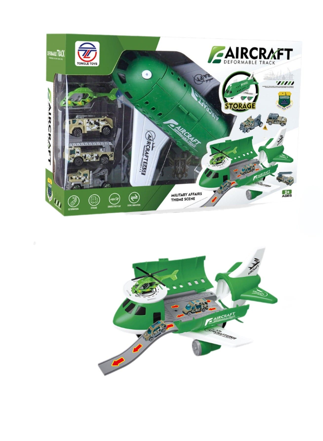 Children's Toy Airplane Can Be Stored In The Passenger Plane Set Mode(Green Transport Plane Storage Aircraft + Map + Road Sign Window Color Box)