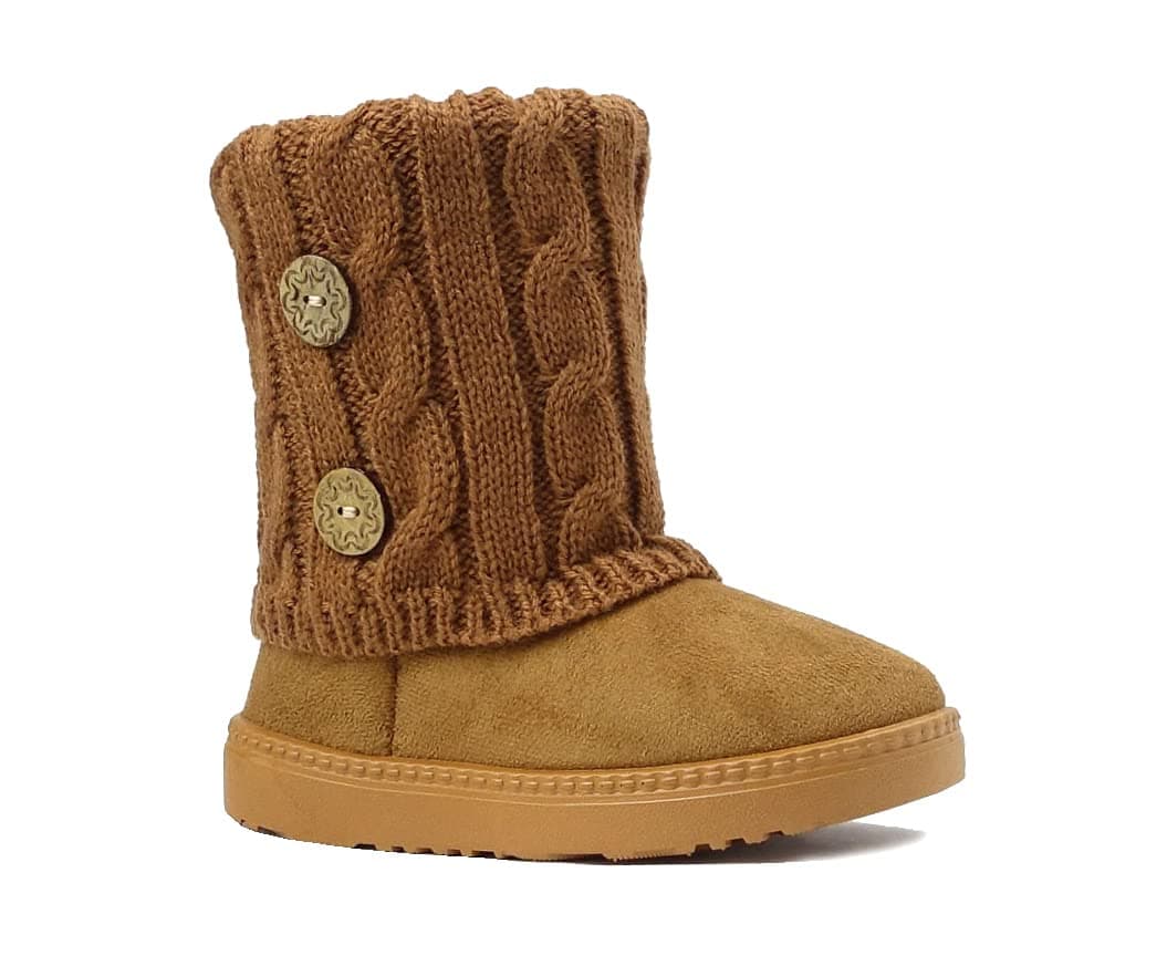 REDVOLUTION Kids Boots Toddler Girls Cute 2 Buttons Faux Fur Suede Knitting Shoe | 285 (Small Kid 11, Camel)