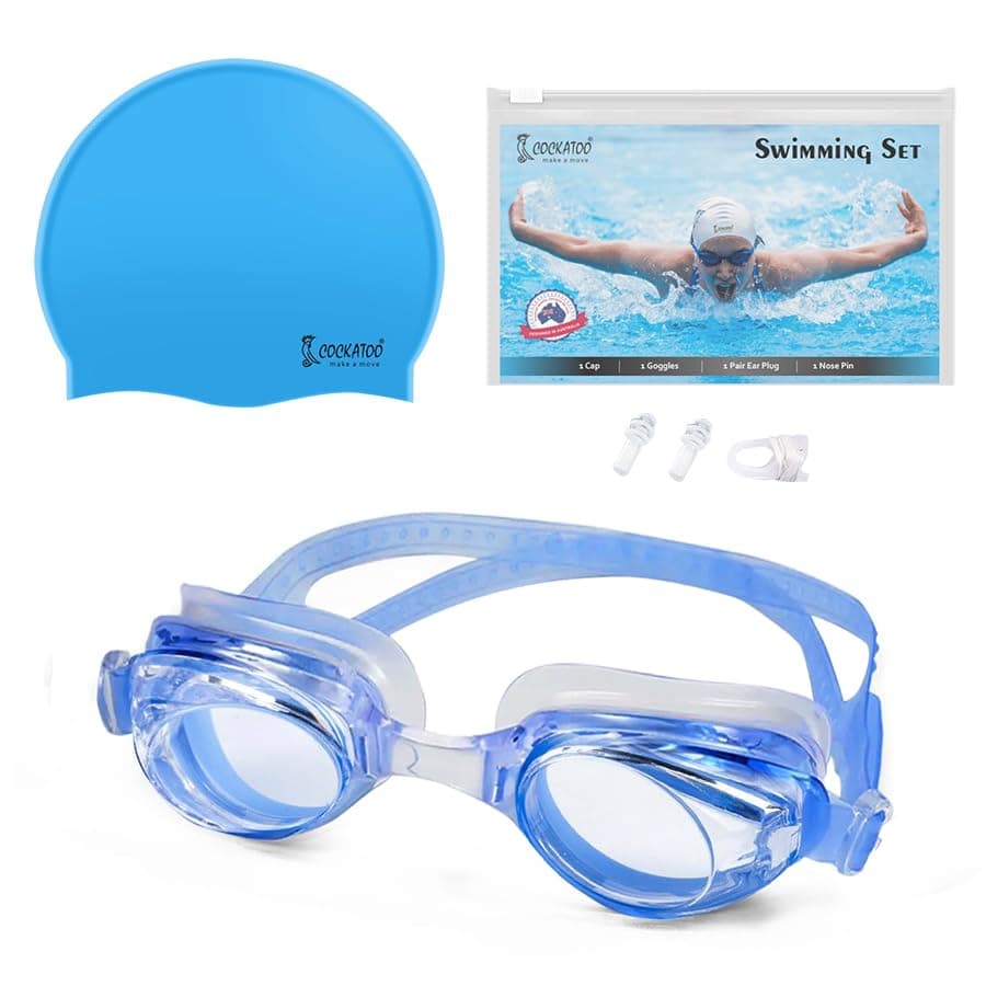 Cockatoo SS01-Swimming Set for Adults, Swimming set with Goggles, Earplugs, Nosepin for Men & Women, Blue