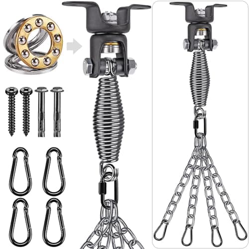 BeneLabel Heavy Duty Boxing Punching Bag Hanger Chain with Spring, 220 LB Capacity, 360° Rotation Wood Beam Holder with 4 Chains and 4 Carabiners, 2 Hexagon Wood Screws and 2 Expansion Screws.