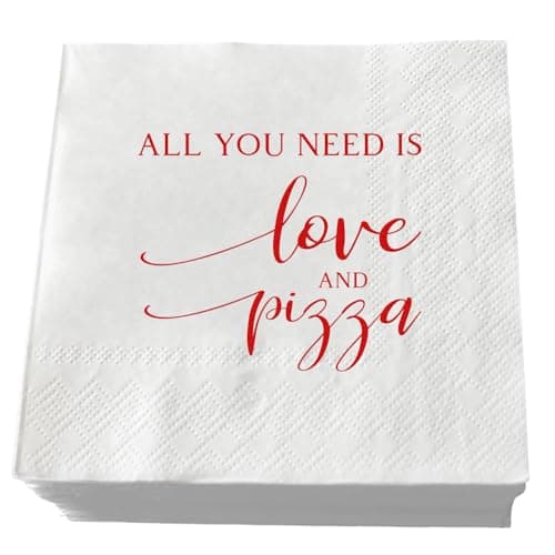 50 Pcs Wedding Napkins Red Foil "All You Need is Love and Pizza" Paper Cocktail Napkins Bar Berverage Napkins for Engagement Rehearsal Dinner Luncheon Dinner Party Decorations 3-Ply