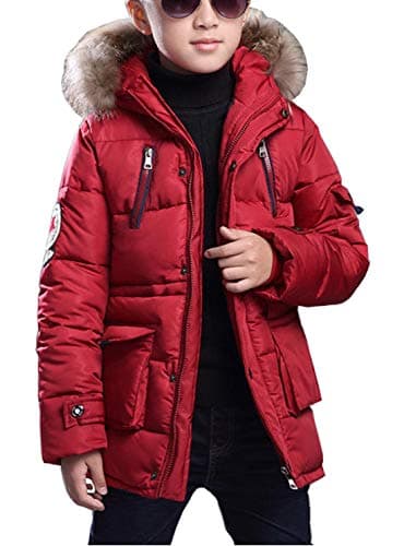 FARVALUE Boy Winter Coat Warm Quilted Puffer Water Resistant Parka Jacket with Detachable Fur Hood for Big Boys Red, 12-13 Years