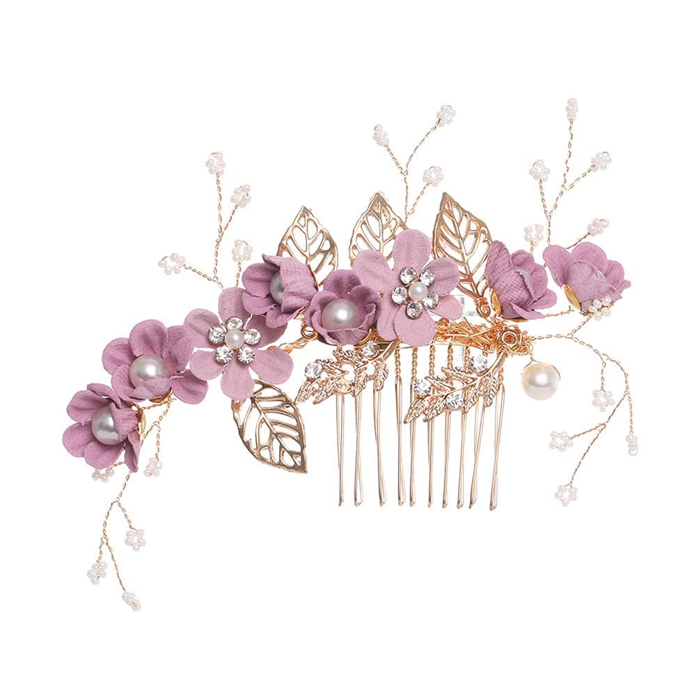 Hair Side Combs Bride Wedding Hair Comb Flowers Pearl Bridesmaids Hair Piece Accessories Vintage Bridal Hair Clips for Women and Girls Purple