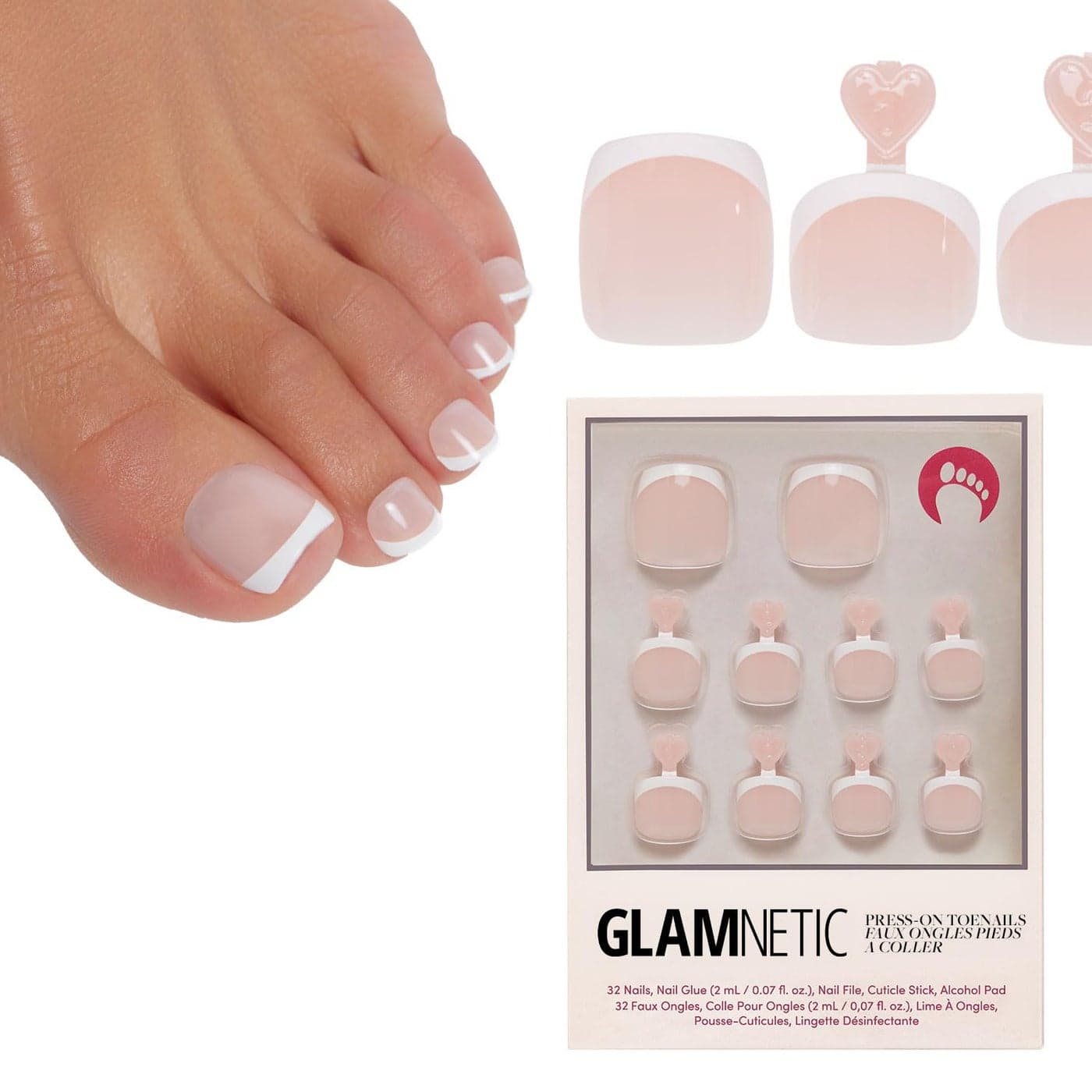 Glamnetic Press On Toenails MaDamn Classic White French Tip Fake Toe Nails with a Glossy Finish 16 Sizes 32 Toe Nail Kit with Glue