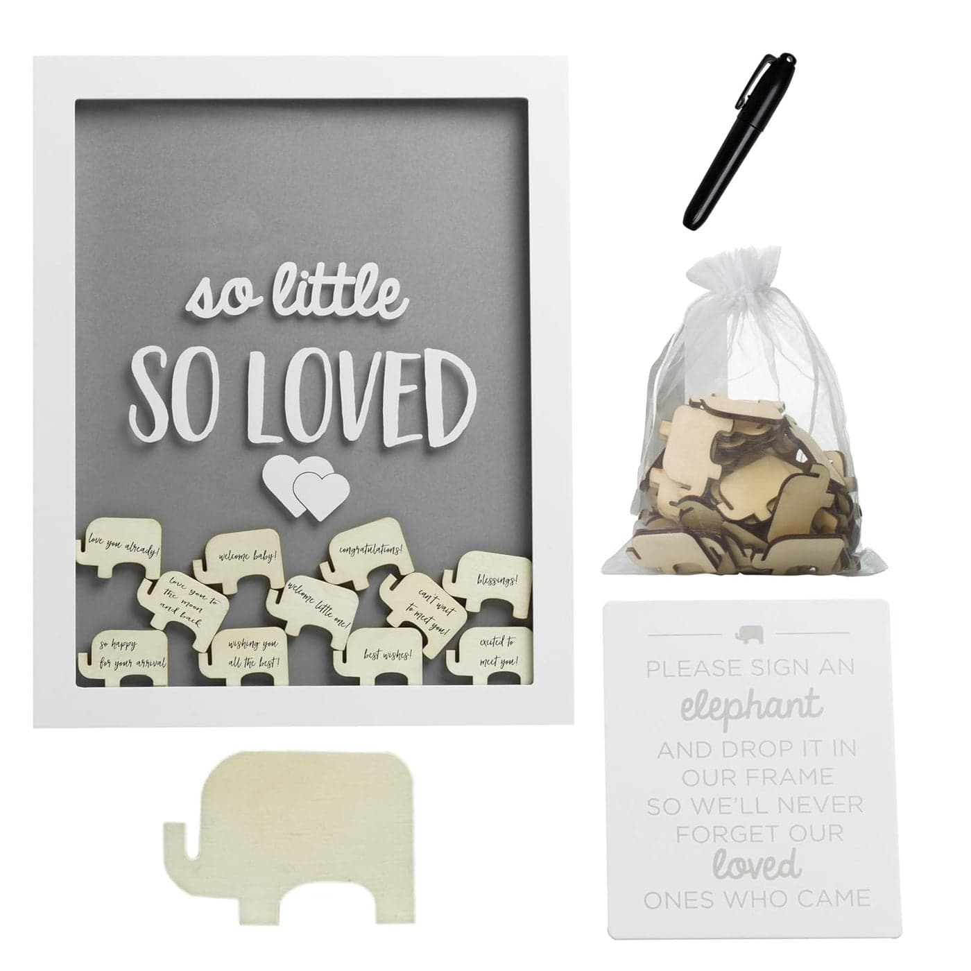Pearhead So Little So Loved Wooden Elephant Token Frame Little Wishes Signature Baby Shower Guestbook Alternative GenderNeutral Pregnancy Keepsake With 65 Signature Tokens and Pen Gray and White