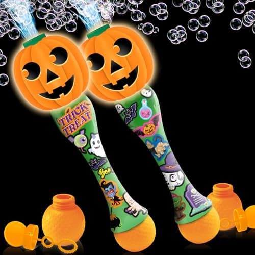 ArtCreativity Halloween Bubble Wand for Kids 2 Pack 14 Light Up Pumpkin Bubble Wand with LED Haloween Music Halloween Boo Basket Stuffers for Kids Haloween Toys for Toddlers