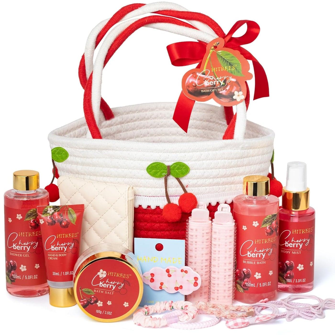 Spa Gifts for Women Cherry Berry Spa Gift Set for Teenage Tote Bag Shower Gel Hand Body Lotion Hitrees Birthday for Best Friend Woman Mom Mothers Day