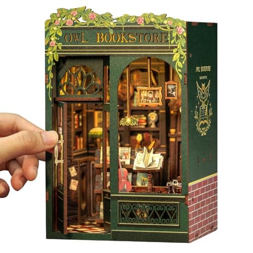 CUTEBEE Book Nook Kit DIY Miniature House Kits for Adult and Teens Bookend Diorama with LED 3D Wooden Puzzle Mini Booknook Bookshelf Insert Decor Crafts Hobbies Gifts for AdultsOwl Bookstore