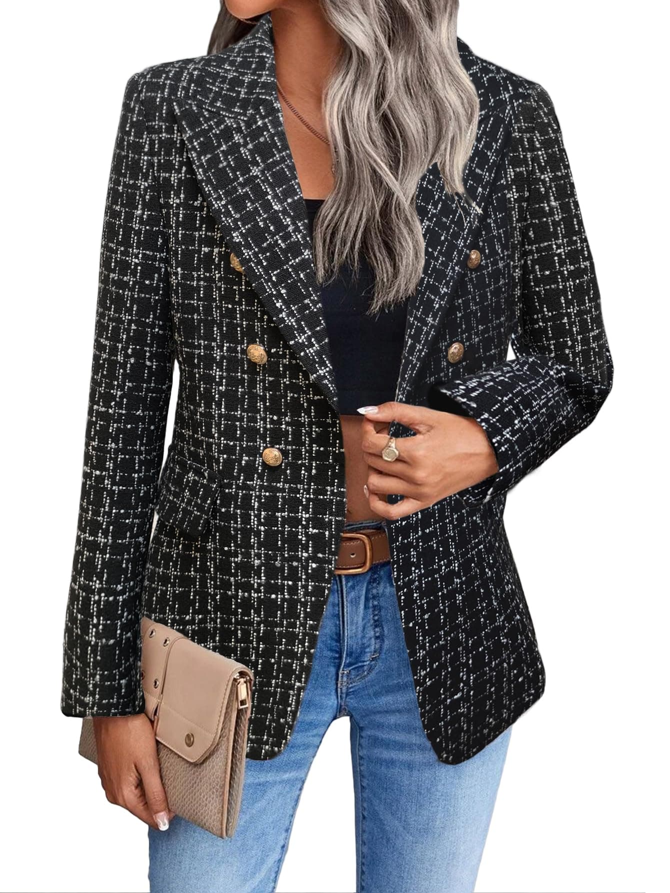 Mina Self Tweed Blazers Jacket for Women 2025 Fall Winter Casual Blazer Fashion Womens Long Lightweight Work Business Lady DoubleBreasted Boyfriend Petite Suit Suits 3PBlack S