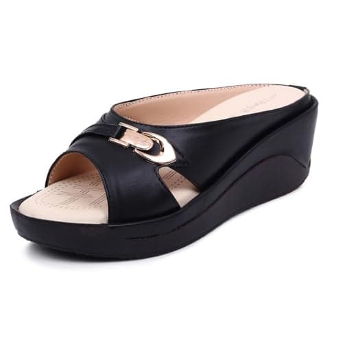TRASE Women's Fashion Sandal, Faux Leather, Comfortable and Stylish Wedges| Soft Cushion Footbed For Women & Girls | For Casual Wear & Formal Wear Occasions 2.5 inches heel-Black, 4 UK