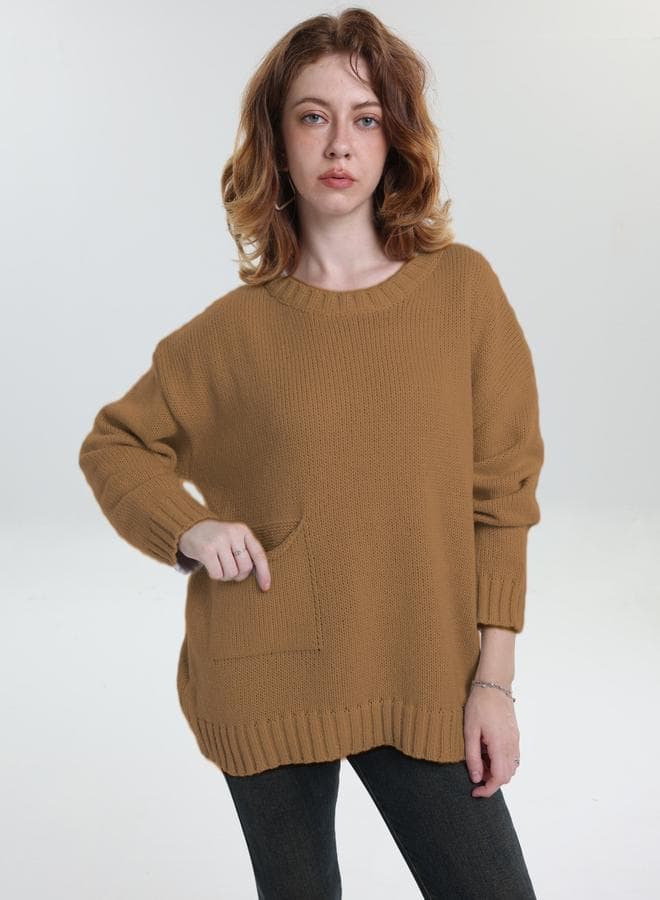 Take Two Plus Size Brown Pocket Detail Knit Sweater