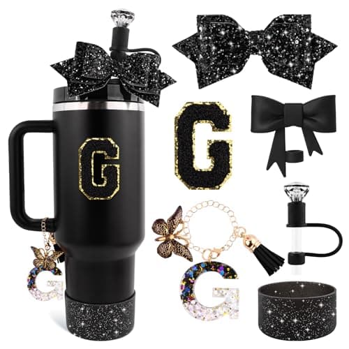 Lingdeer Black Cup Accessories Set for Stanley 30OZ & 40OZ Tumbler with Handle, Letter Charms, Bow & Diamond Straw Covers, Glitter Silicone Boot, Personalized Sticker for Stanley Cup Accessories (G)
