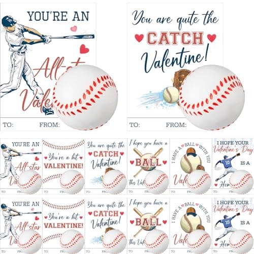 Syhood 36 Set Valentines Day Baseball Card and Foam Stress Balls for Kids Valentines Day School Classroom Exchange Gift Sports Themed Events Party Prizes Favor Supplies