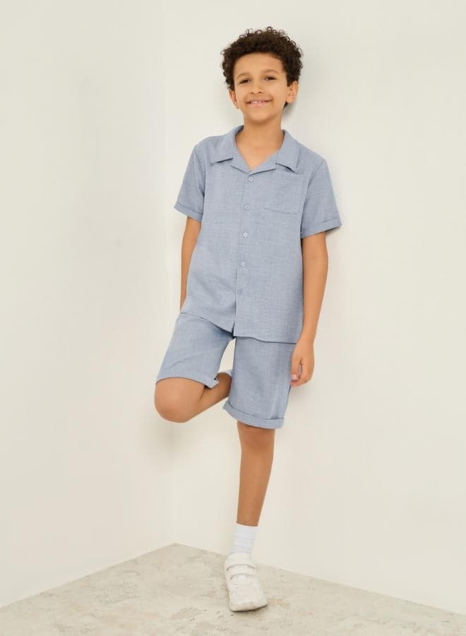 Boys Blue Solid Shirt And Shorts Set — 9-10 YRS