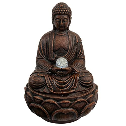 Pure Garden Indoor Tabletop Water Fountain - Sitting Buddha Statue with Rolling Glass Ball, Multi-Colored LED Lights, Electric Pump & Soothing Sounds, Durable, Natural Humidifier - Home, Office Decor