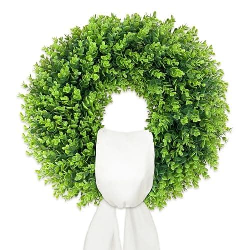 22 Inch Artificial Boxwood Wreath for Front Door - Folding Spring Summer Greenery Wreath with Sash, All Year Round Indoor Outdoor Decor for Farmhouse, Wedding, St Patrick's Day (Green)