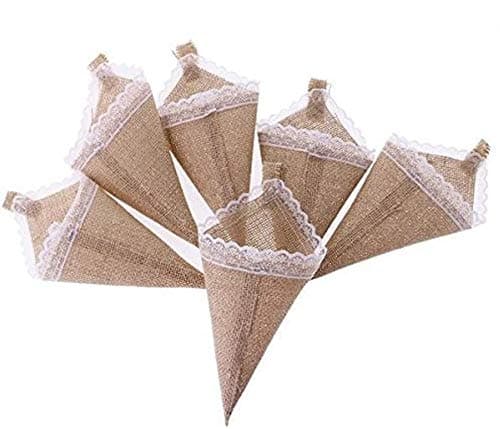 EBTOYS 12pcs Hanging Burlap Lace Flower Basket Pew Cone Wedding Home Decoration DIY Birthday Baby Shower Wedding Decoration